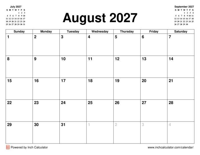 August 2027 Calendar - Inch Calculator