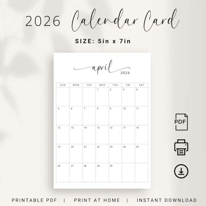 2026 Calendar 5x7 Inch 2026 Small Calendar Card PRINTABLE Elegant ...